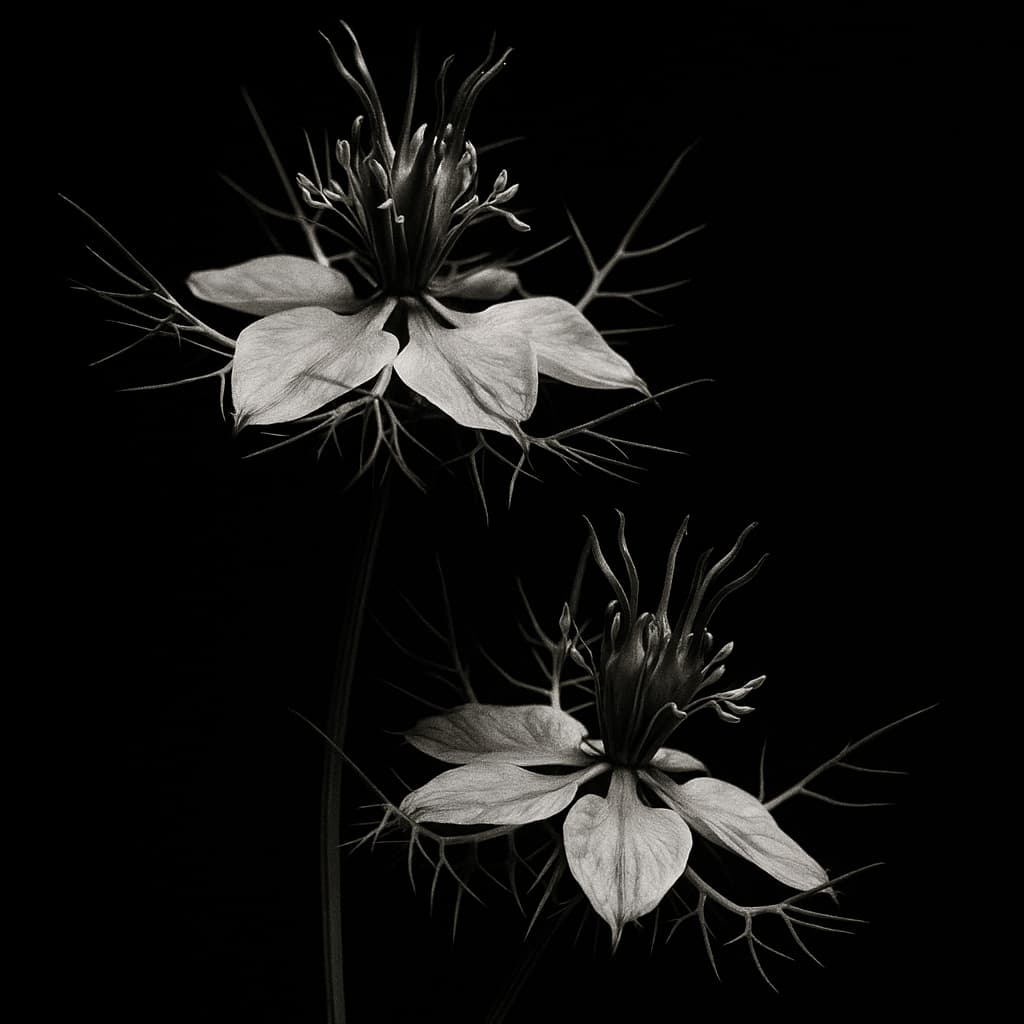 photo en noir et blanc de 2 fleurs de nigelle