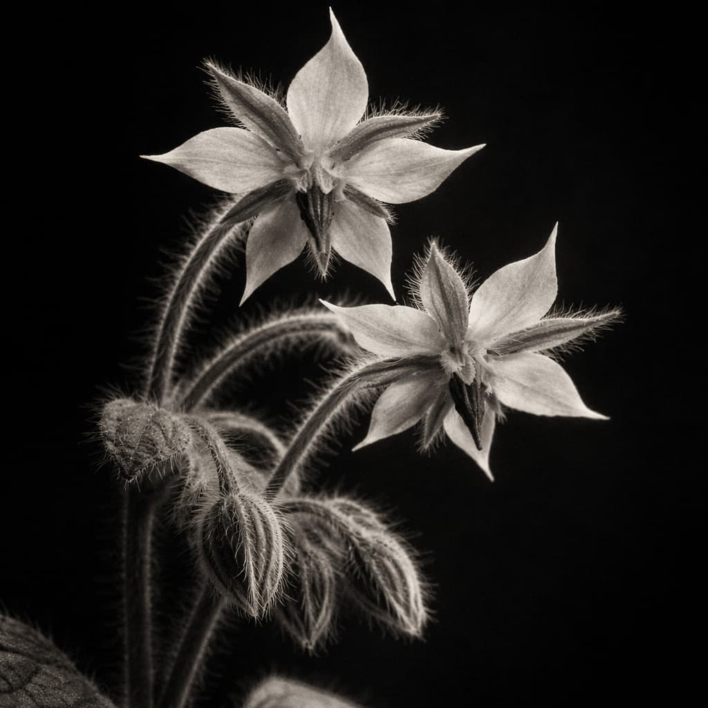 Photo de fleurs de bourrache en noir et blanc